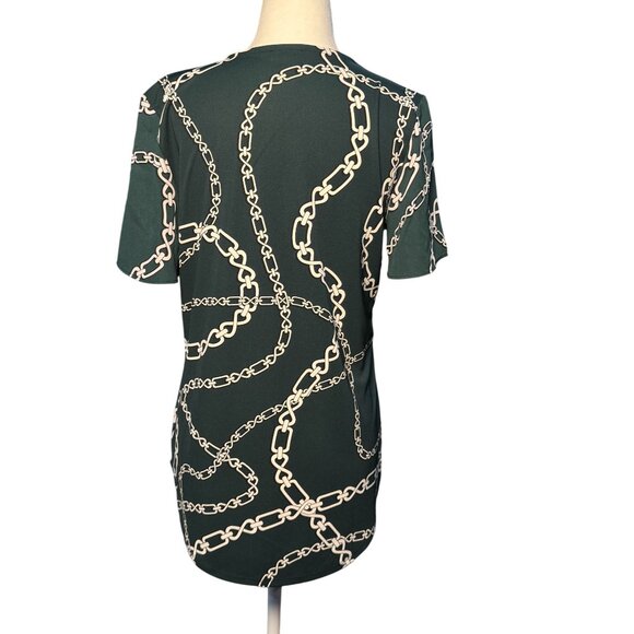 Ann Taylor Elegant Top XS Green White Chain Luxury Print Blouse Short Sleeve - Picture 3 of 11